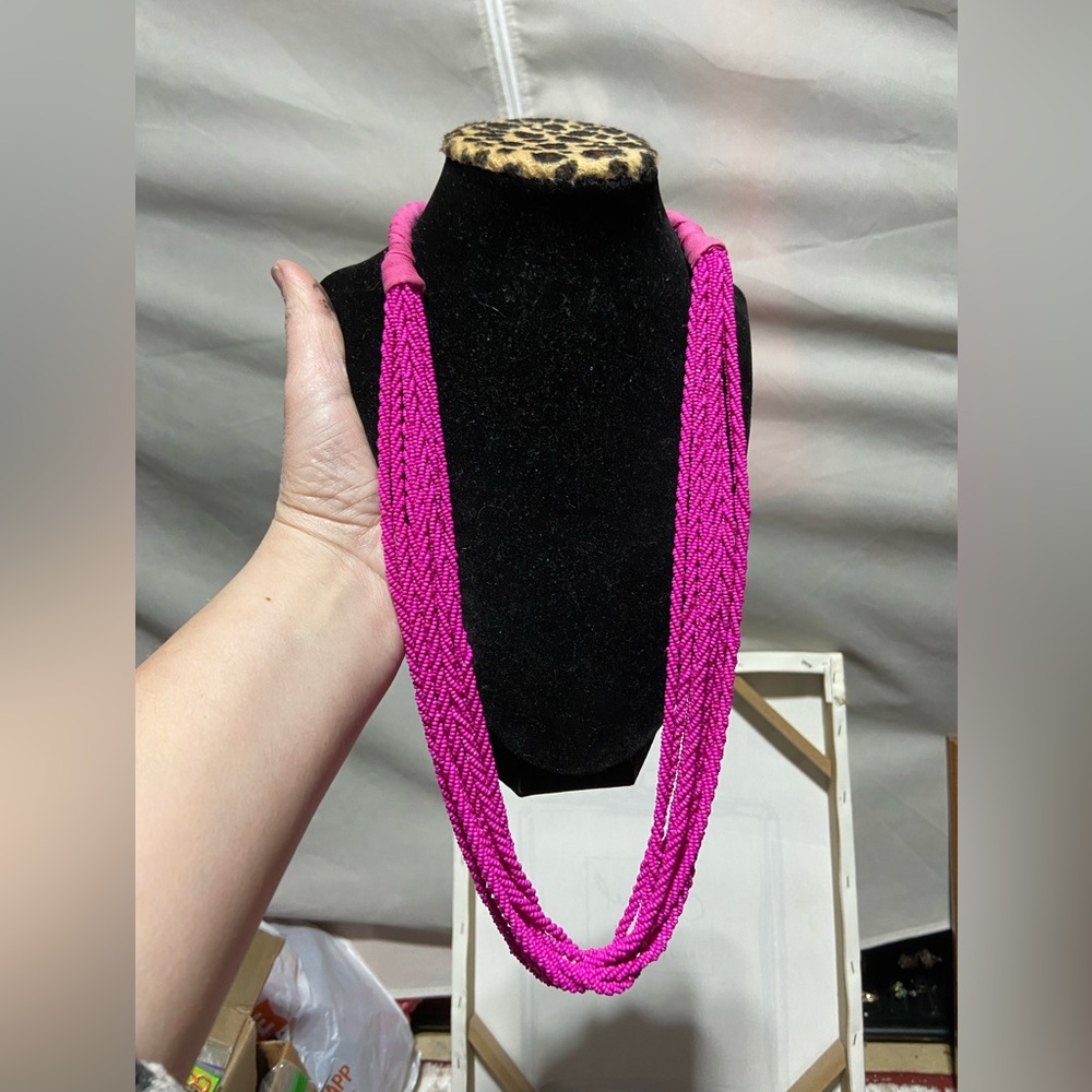 Elegant Pink Twisted, Beaded Multiple Strand Necklace
